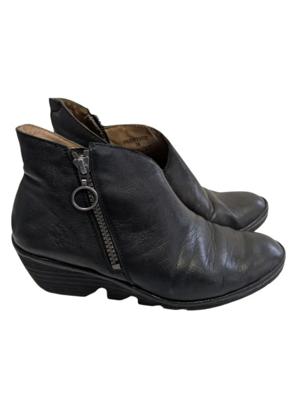 Fly London Poro Y2K Black Leather Wedge Zip Ankle Boots Booties Size 38 US 7.5
